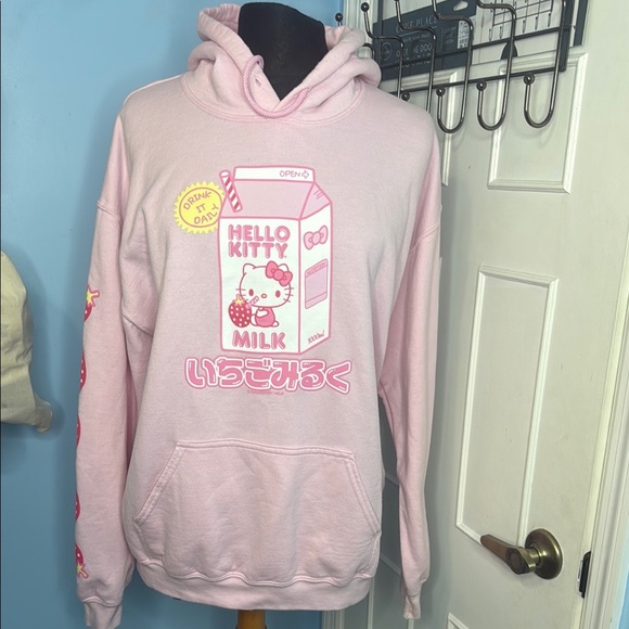 Sanrio Hello Kitty Strawberry Milk Pink Hoodie Milk Carton - Picture 2 of 7